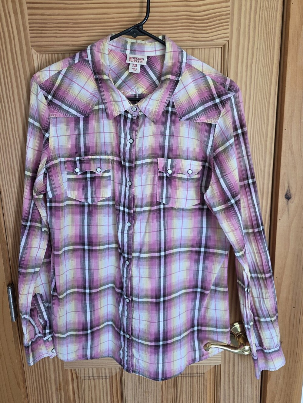 Mossimo Supply Co. Light Cotton Pink Plaid Western Snap Shirt - Womens Xl